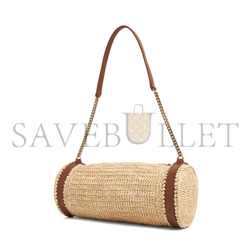 YSL CASSANDRE SMALL CYLINDRIC BAG IN RAFFIA AND VEGETABLE-TANNED LEATHER 744504GAABN2080 (24.5*11*11cm)